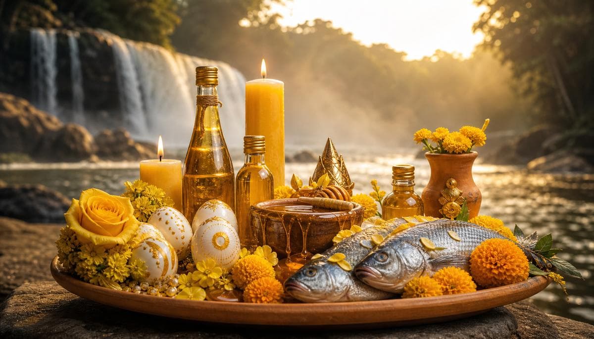 Oferendas para Oxum: mel, ovos cozidos, peixe de água doce, licores